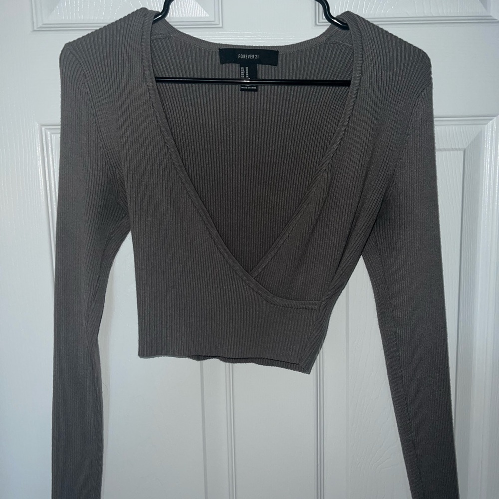 Forever 21 Charcoal Ribbed V-Neck Blouse